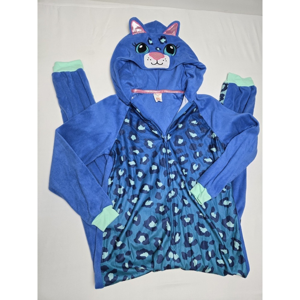 Cat and Jack Pajamas Size Large 10/12 One Piece Spotted Cat Hooded Fleece PJ NEW